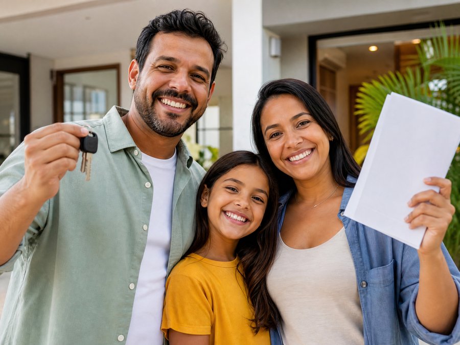 Família comemorando a quitação do financiamento